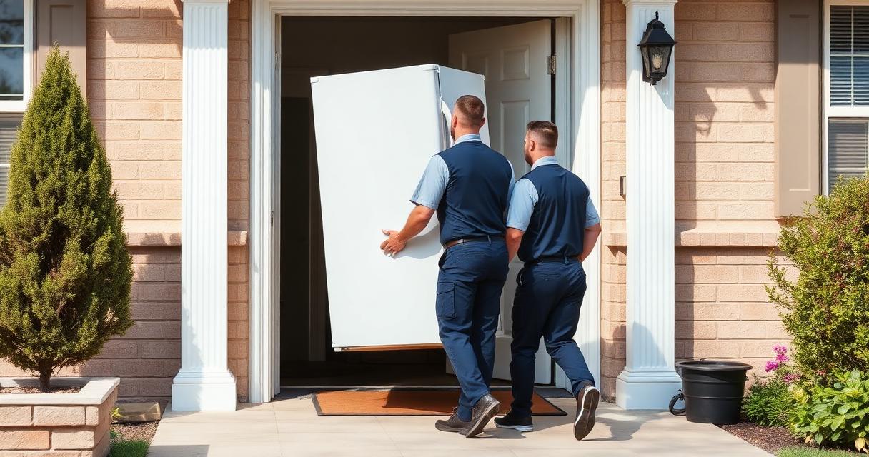 Two uniformed Haulwell techs carrying an old refrigerator out of an Indianapolis home