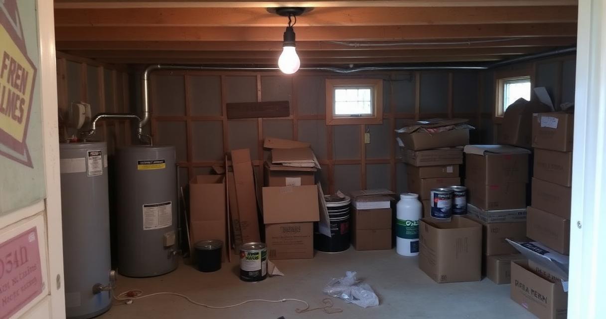 Indianapolis basement mid-cleanout with old water heater, paint cans, and stacked boxes