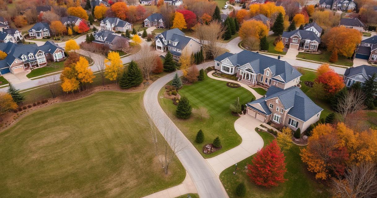 Aerial view of an upscale Carmel and Fishers Indiana suburban neighborhood in autumn