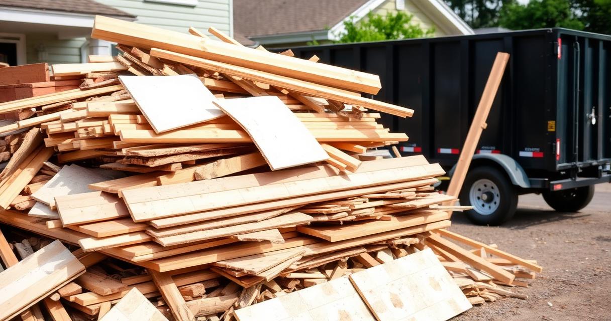 Pile of construction debris stacked at an Indianapolis residential remodel jobsite next to a dump trailer
