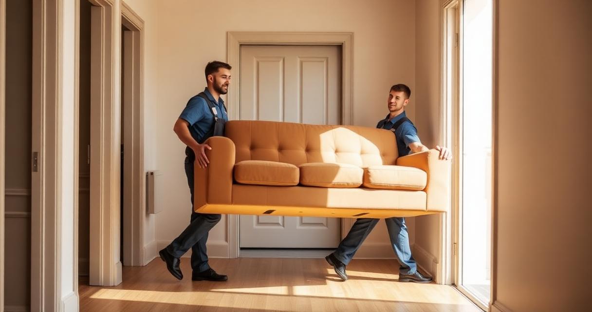 Two professional movers carrying a tan sectional sofa through an apartment hallway