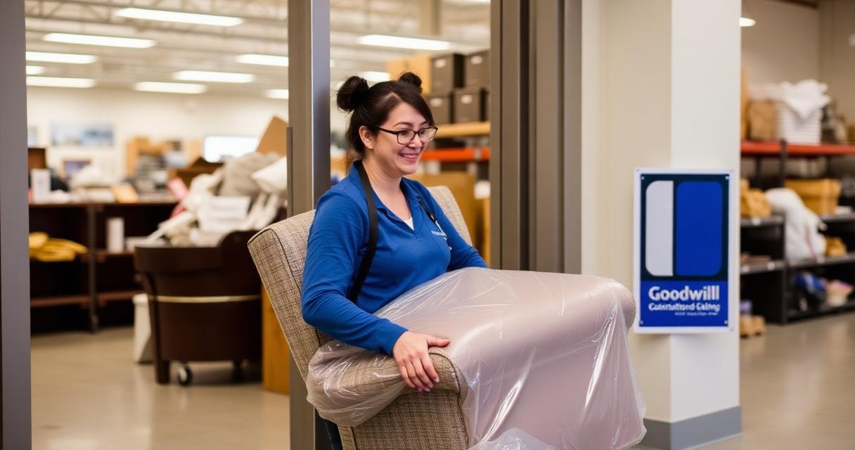 Volunteer carrying a wrapped armchair into a Goodwill donation center