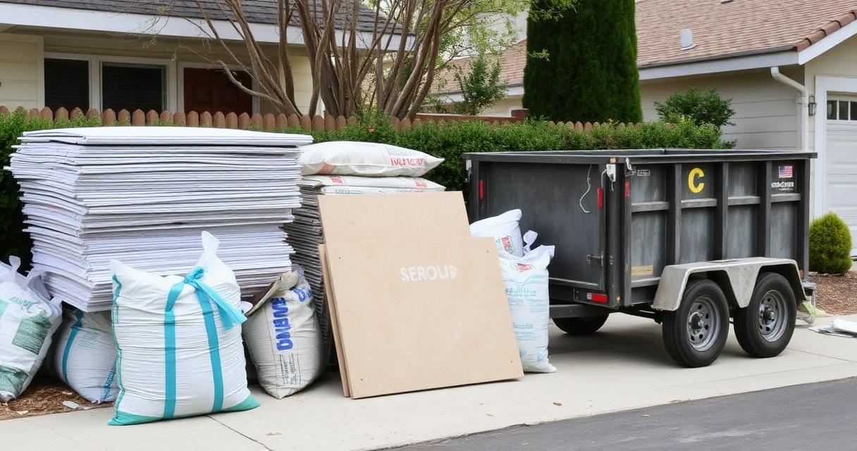 Stacked drywall sheets and bags of broken tile beside a dump trailer