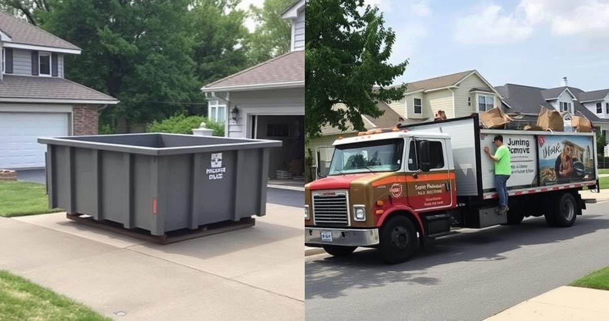 Roll-off dumpster on a driveway compared with a junk removal truck and crew