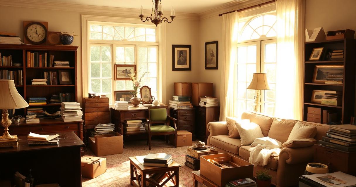 Sun-lit Indianapolis estate home interior mid-cleanout with vintage furniture being sorted