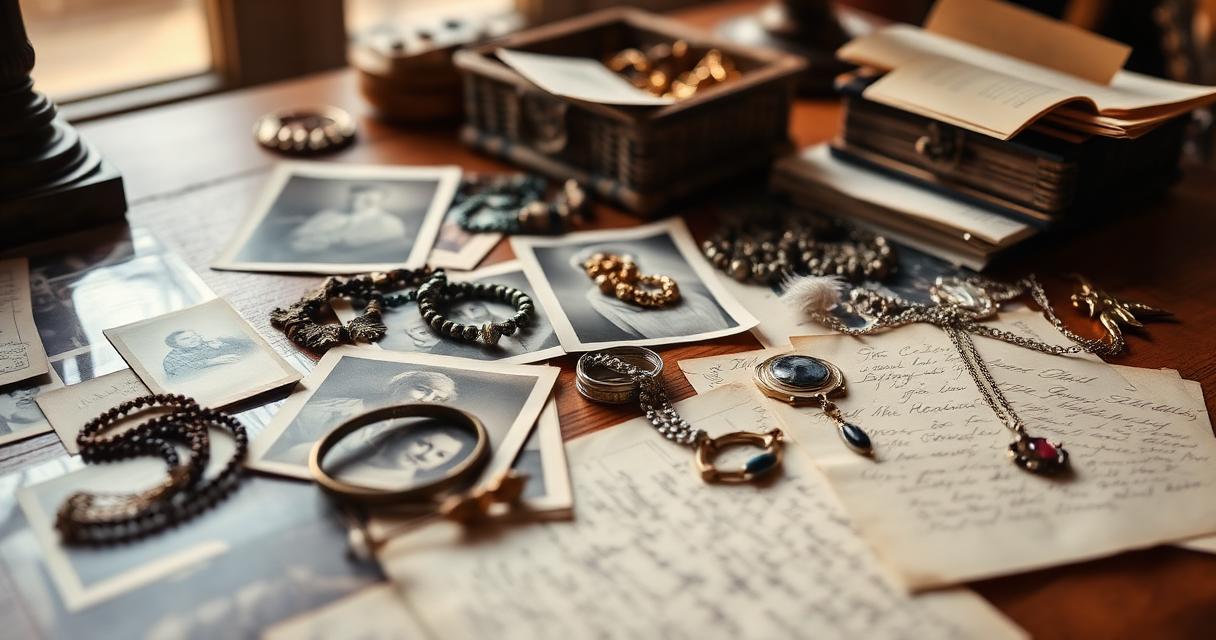 Family photos, vintage jewelry, and old letters laid out on a wooden table