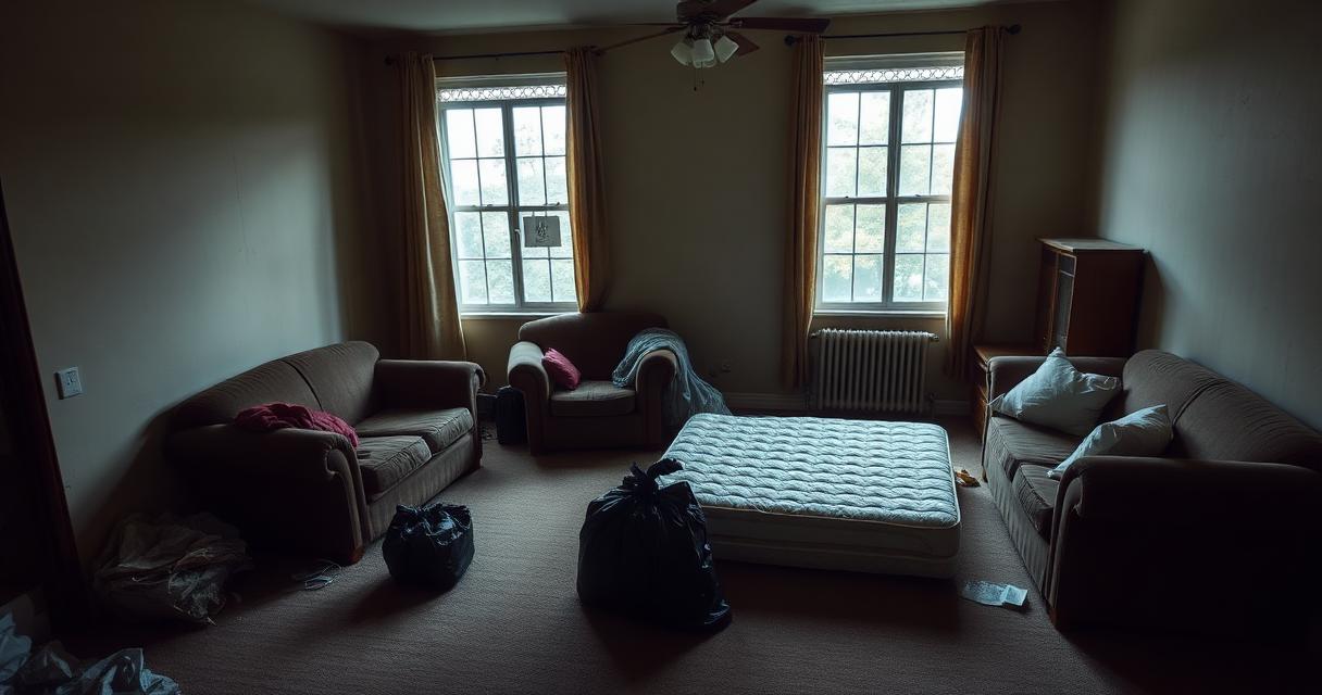 Empty rental property with abandoned furniture, mattress, and trash bags