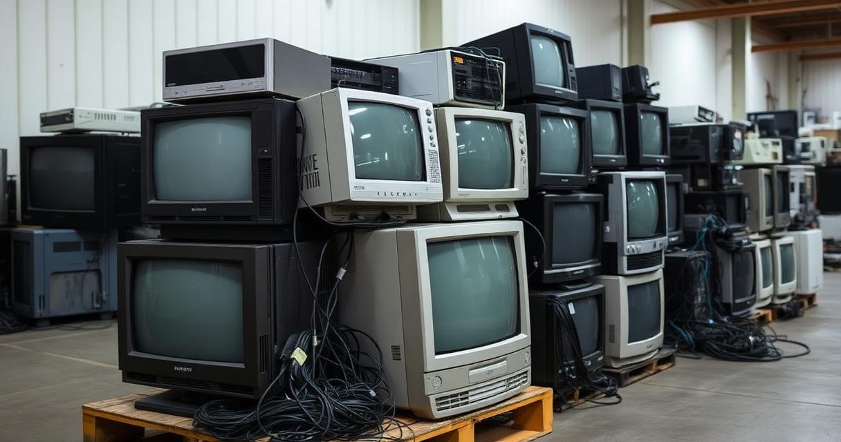 Stacked old CRT TVs and computer monitors at an electronics recycling facility