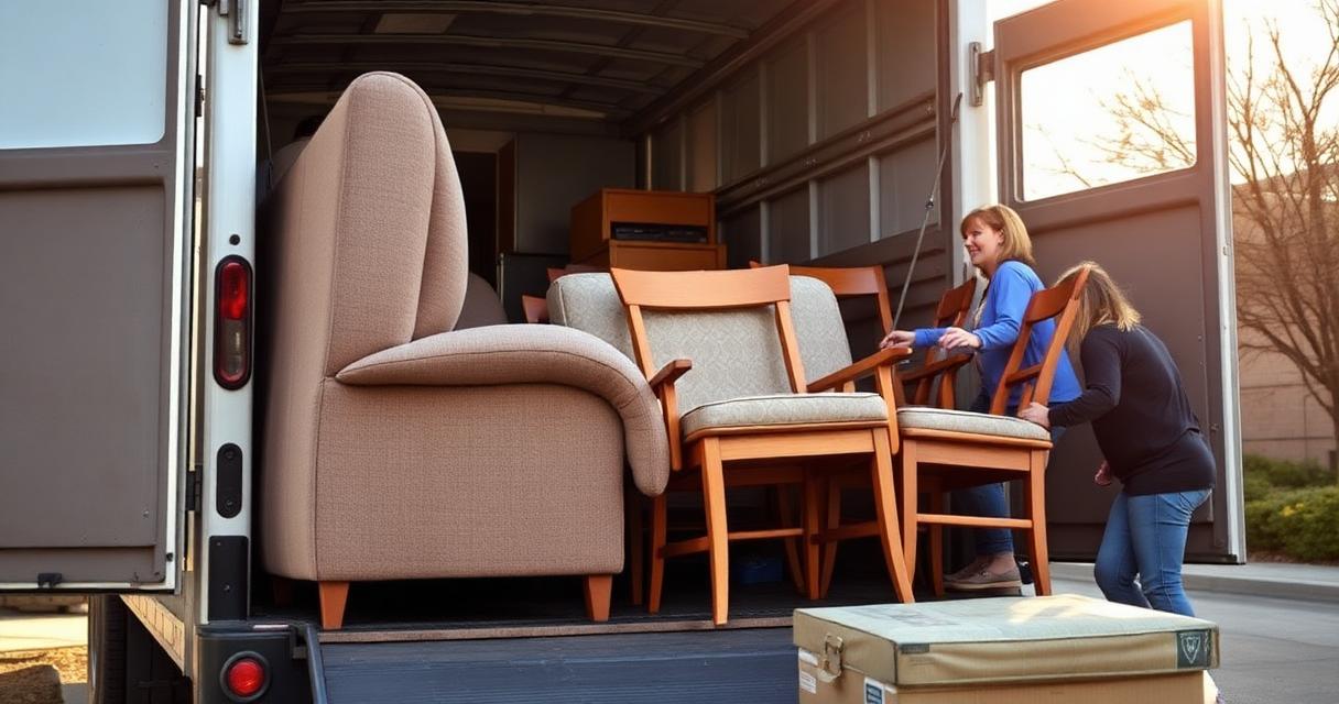 Gently used couch and chairs being loaded into a charity donation truck in Indianapolis