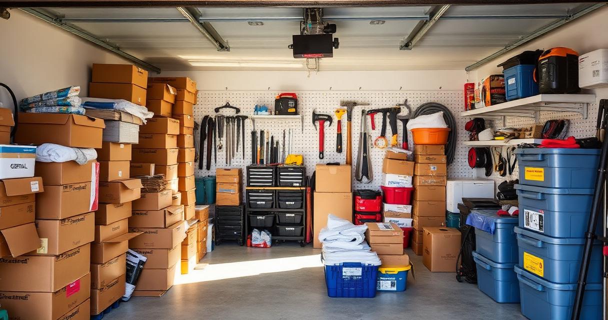Organized two-car suburban Indianapolis garage mid-cleanout with stacked boxes and pegboard tools