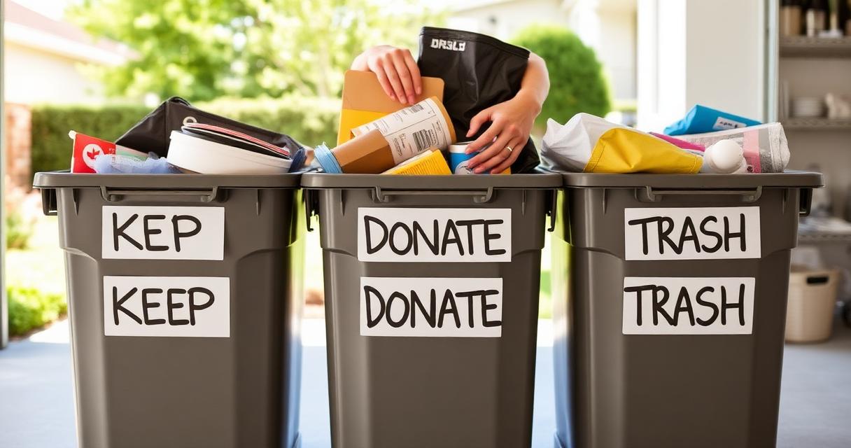 Three labeled bins in an Indianapolis garage marked Keep, Donate, and Trash