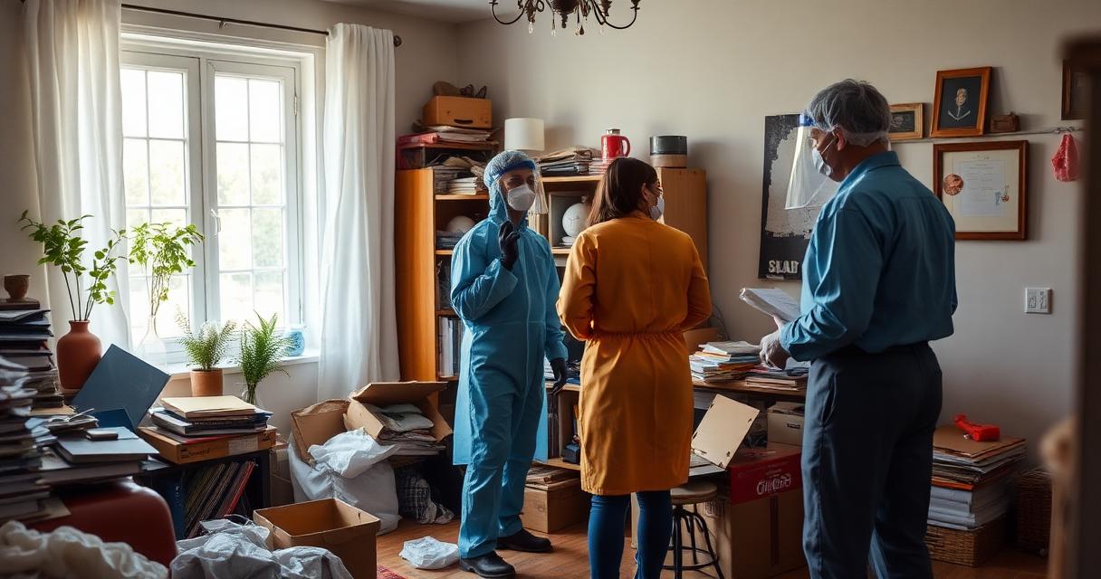 Compassionate professional hoarding cleanout crew in PPE working respectfully in an Indianapolis home
