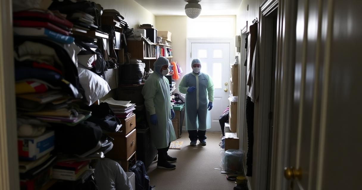 Professional hoarding cleanout crew in PPE clearing a cluttered hallway