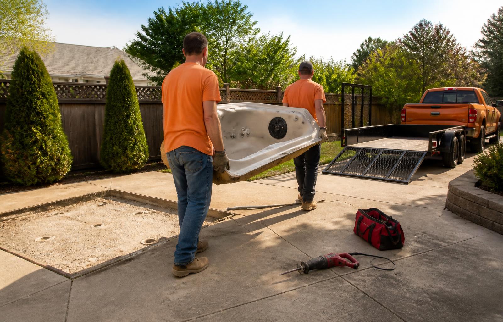 Removal crew carrying a cut-down hot tub shell panel out of a backyard to a pickup truck