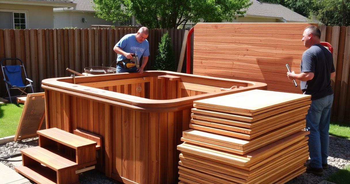 Old wooden hot tub being disassembled by professional crew in an Indianapolis backyard