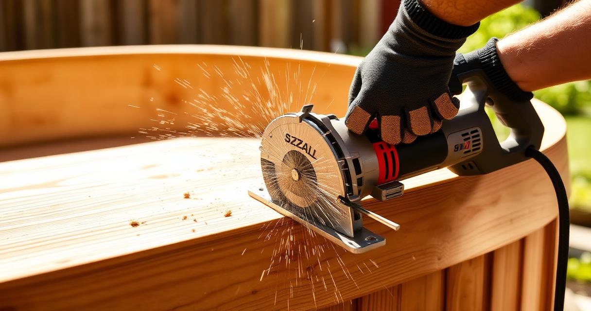 Sawzall cutting through cedar hot tub paneling during demolition