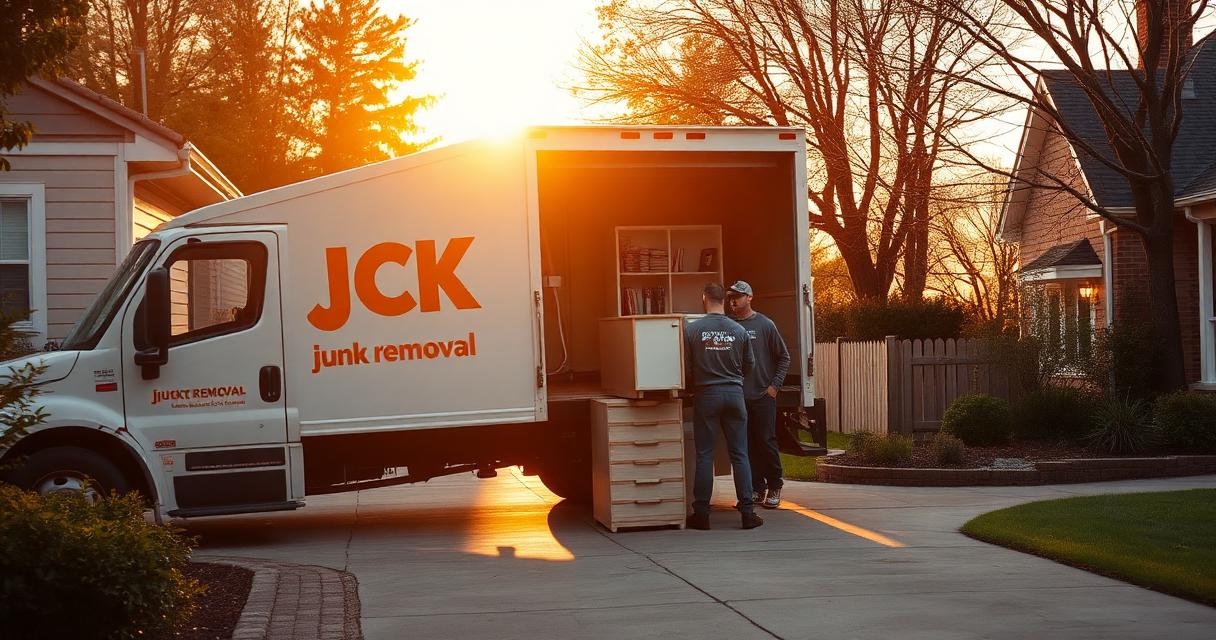 Haulwell junk removal truck loading furniture in an Indianapolis driveway at golden hour