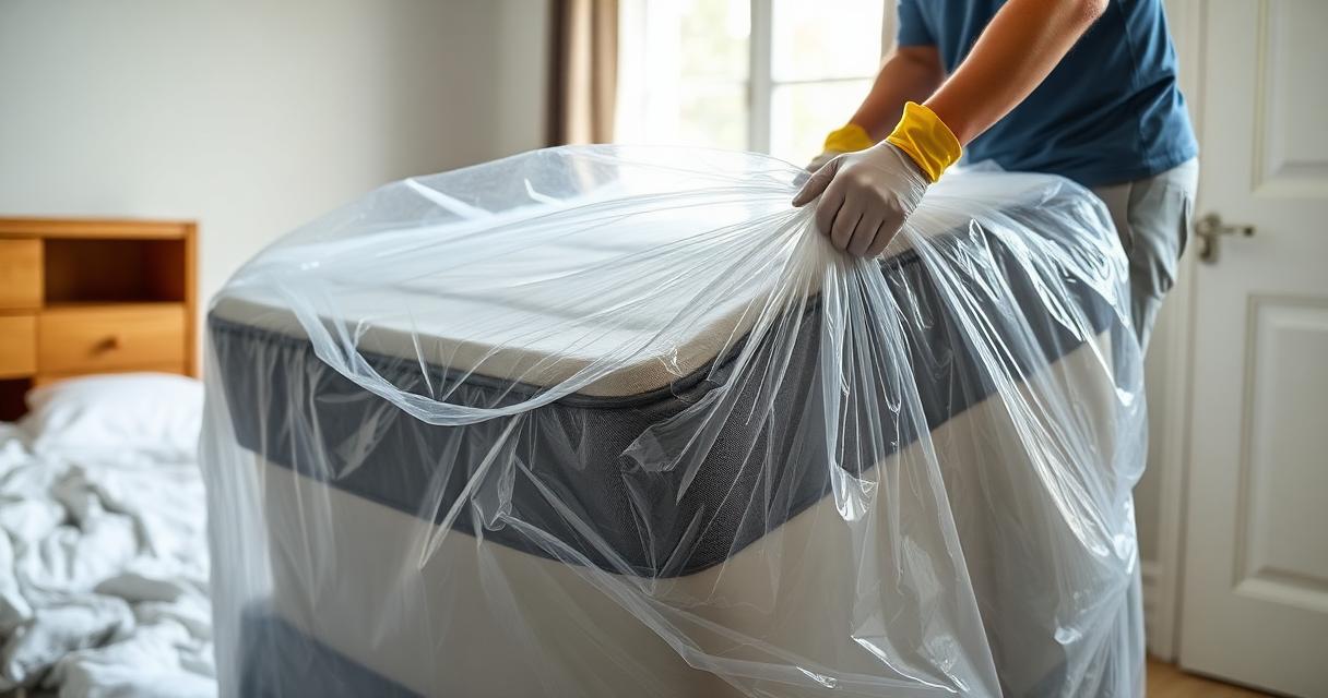 Worker bagging an old mattress in a residential bedroom for disposal
