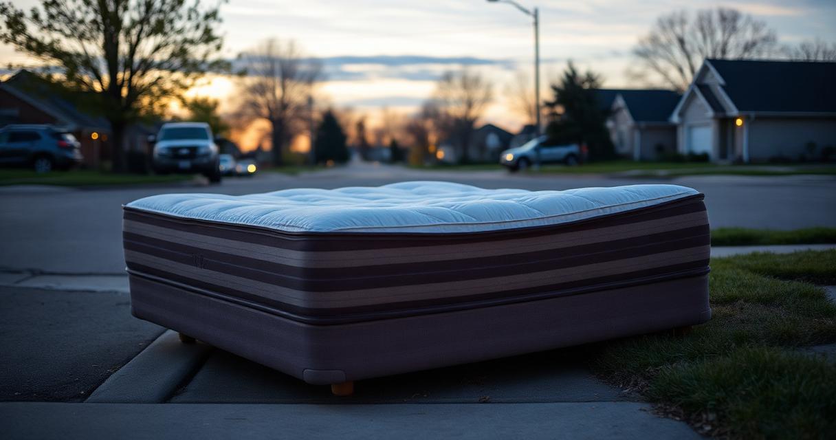 Old mattress and box spring set out for pickup on a suburban Indianapolis curb at dusk
