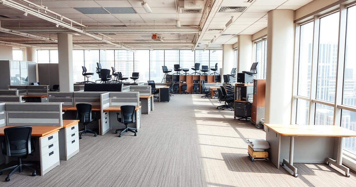 Empty downtown Indianapolis office space mid-cleanout with stacked cubicle desks and chairs