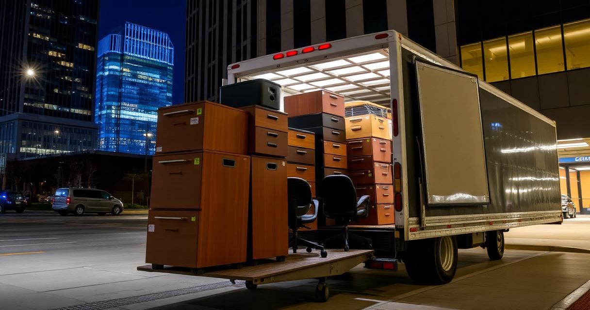 Stacked office desks and chairs being loaded into a box truck downtown at night