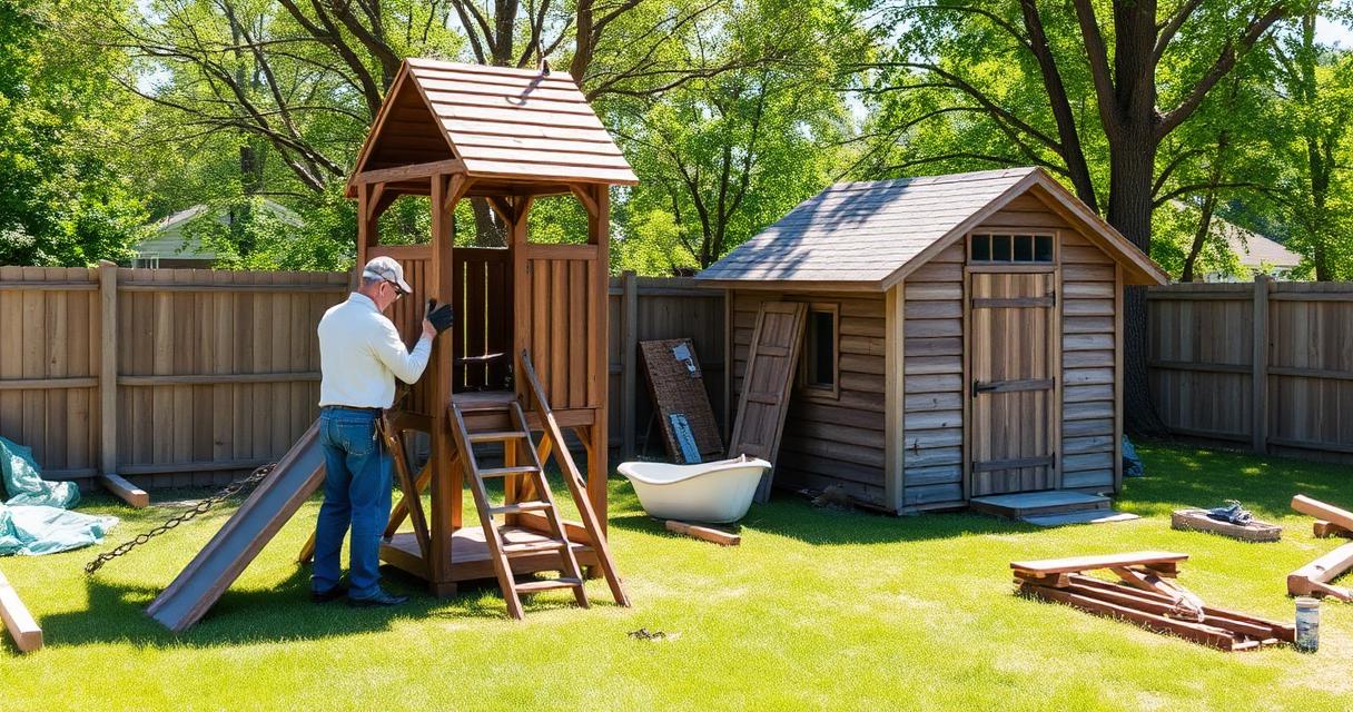 Old wooden backyard playset and shed being dismantled in an Indianapolis suburban yard