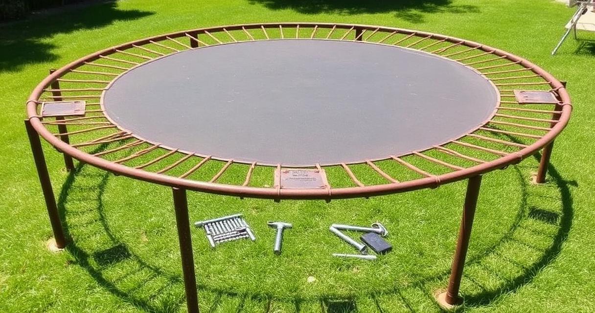 Rusty backyard trampoline frame partially disassembled with bolts and tools