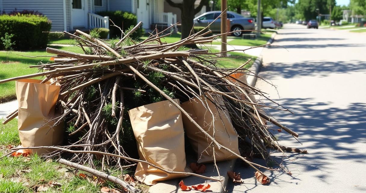 Branches and brown paper yard waste bags piled at a residential curb